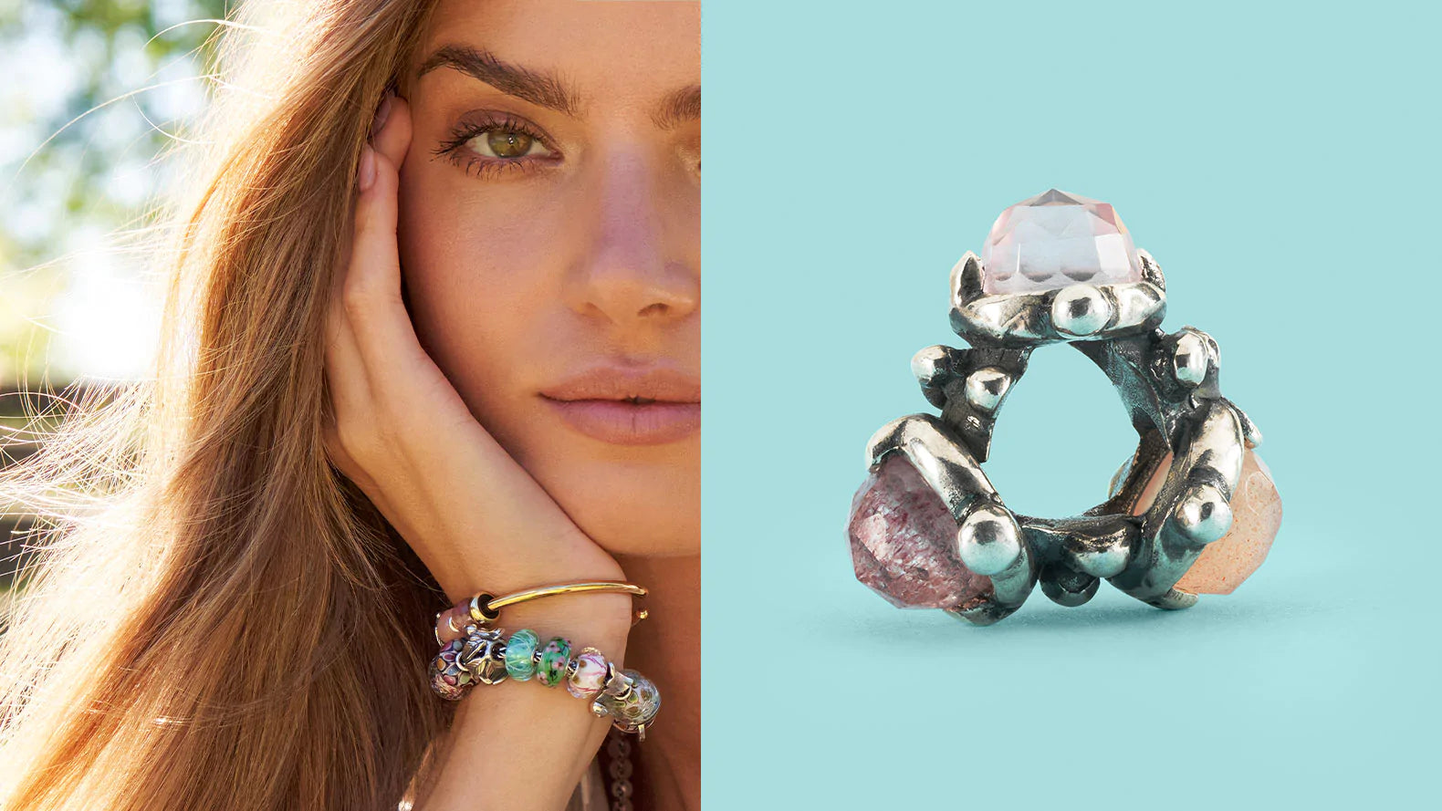 Silver and gemstone jewelry bead Trinity of the heart and model